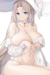 Rule 34 | 1girl, asamura hiori, azur lane, bare shoulders, bikini, blonde hair, blue eyes, blush, breasts, cleavage, collarbone, covering privates, covering breasts, grey hair, hat, highres, huge breasts, long hair, looking at viewer, navel, official alternate costume, simple background, smile, solo, sun hat, swimsuit, thighs, white background, yorktown (azur lane), yorktown ii (azur lane), yorktown ii (bright-sky mermaid) (azur lane)