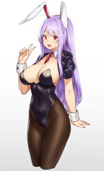 Rule 34 | 1girl, :d, alternate costume, animal ears, breasts, brown pantyhose, cleavage, commentary request, cropped legs, detached collar, gradient background, highres, houtengeki, large breasts, leotard, long hair, looking at viewer, necktie, open mouth, pantyhose, playboy bunny, purple hair, rabbit ears, red eyes, reisen udongein inaba, short necktie, sidelocks, simple background, smile, solo, thighs, touhou, v, wrist cuffs