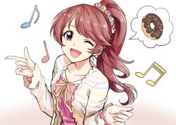Rule 34 | 1girl, blush, breasts, brown eyes, brown hair, cardigan, collarbone, doughnut, food, gradient background, hair ornament, hair scrunchie, idolmaster, idolmaster cinderella girls, idolmaster cinderella girls starlight stage, index finger raised, long hair, long sleeves, looking at viewer, multicolored scrunchie, musical note, one eye closed, open mouth, pink shirt, ponytail, scrunchie, shiina noriko, shirt, small breasts, smile, solo, speech bubble, striped cardigan, tsukikage oyama, upper body, white cardigan