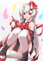 Rule 34 | 1girl, absurdres, ass, bell, black footwear, black kimono, breasts, detached sleeves, double bun, fang, fumi (fumibeing), gold trim, grey background, grey hair, hair bell, hair bun, hair ornament, hands on own knees, highres, hololive, horns, japanese clothes, jingle bell, katana, kimono, knees together feet apart, kouhaku nawa, long hair, long sleeves, looking at viewer, mask, mask on head, medium breasts, multicolored hair, nakiri ayame, nakiri ayame (1st costume), off shoulder, oni mask, open mouth, red eyes, red footwear, red hair, rope, shadow, sheath, sheathed, shimenawa, short kimono, skin-covered horns, solo, squatting, streaked hair, sword, tassel, tassel hair ornament, thighhighs, thighs, two side up, virtual youtuber, weapon, white thighhighs, wide sleeves