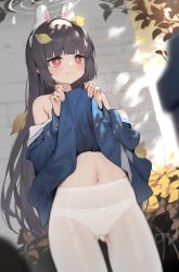 Rule 34 | 1girl, blouse, blue archive, blue shirt, blue skirt, blunt bangs, blush, brown hair, closed mouth, clothes lift, crotch seam, female focus, hagi (ame hagi), highres, lifted by self, long hair, looking at viewer, miyu (blue archive), panties, panties under pantyhose, pantyhose, red eyes, shirt, skirt, skirt lift, solo, underwear, upper body, very long hair, white panties, white pantyhose