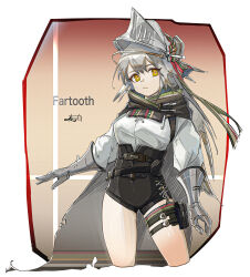 Rule 34 | 1girl, absurdres, arknights, armor, black shorts, border, brown cape, cape, character name, closed mouth, cowboy shot, cropped legs, expressionless, fartooth (arknights), gauntlets, grey hair, hair ornament, harukan tiusu, high-waist shorts, high collar, highres, long hair, long sleeves, looking at viewer, puffy long sleeves, puffy sleeves, shorts, signature, solo, standing, sweater, underbust, visor (armor), white border, white sweater, yellow eyes