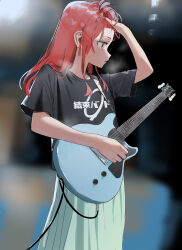 Rule 34 | 1girl, black shirt, bocchi the rock!, clothes writing, electric guitar, from side, guitar, highres, holding, holding instrument, instrument, kita ikuyo, long hair, open mouth, pleated skirt, profile, red hair, shirt, short sleeves, skirt, solo, yamamura saki, yellow eyes