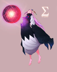 Rule 34 | 1girl, absurdres, ahoge, barefoot, brown background, chest mouth, claws, covered navel, demon girl, earrings, energy, energy ball, english text, floating, highres, horns, jewelry, long hair, minaka shobu, multicolored hair, open mouth, original, pink hair, pointy ears, purple eyes, purple hair, ribs, simple background, single earring, solo, zipper, zipper pull tab