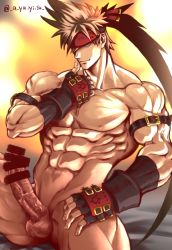 Rule 34 | 1boy, ayukisa, bar censor, bara, brown hair, censored, erection, fingerless gloves, gloves, gluteal fold, guilty gear, headband, large pectorals, long hair, male focus, muscular, muscular male, navel, nipples, nude, pectorals, penis, ponytail, sitting, smile, sol badguy, solo, spiked hair, testicles, thick thighs, thighs, veins, veiny penis