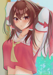 Rule 34 | 1girl, :/, absurdres, adjusting hair, armpits, arms behind head, ascot, blush, breasts, brown eyes, brown hair, chromatic aberration, cleavage, commentary request, expressionless, hair flowing over, hair intakes, hakurei reimu, highres, long hair, looking at viewer, medium breasts, midriff, parted lips, red eyes, red vest, sarashi, solo, touhou, upper body, very long hair, vest, wa layla, yellow ascot