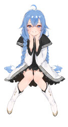 Rule 34 | 1girl, absurdres, ahoge, black capelet, blue eyes, blue hair, boots, braid, capelet, chinese commentary, crossed bangs, hair between eyes, hands on own face, head rest, highres, invisible chair, knee boots, knees together feet apart, long braid, long hair, long sleeves, looking at viewer, mushoku tensei, parted lips, robe, roxy migurdia, sitting, smile, solo, tenkiraku, twin braids, very long hair, white background, white footwear, white robe
