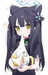 Rule 34 | 1girl, absurdres, animal ears, black dress, black hair, blue archive, blue halo, chinese clothes, dress, extra ears, green eyes, halo, highres, long hair, looking at viewer, measho, peroro (blue archive), short sleeves, shun (blue archive), shun (small) (blue archive), simple background, solo, twintails, upper body, white background