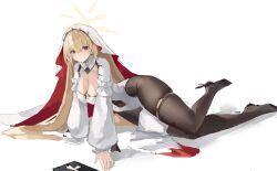 Rule 34 | 1girl, azur lane, black pantyhose, blonde hair, book, breasts, cleavage, cleavage cutout, clothing cutout, full body, highres, kersaint (azur lane), large breasts, long hair, long sleeves, looking at viewer, lump saury, lying, navel cutout, on side, pantyhose, pelvic curtain, puffy sleeves, red eyes, simple background, skindentation, solo, thigh strap, very long hair, white background, white veil