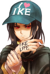 Rule 34 | 1boy, baseball cap, black hair, black robe, body writing, clothes writing, facial mark, fire emblem, fire emblem: path of radiance, forehead mark, hands up, hat, heart, long sleeves, looking at viewer, male focus, nemupon (goodlucky), nintendo, red eyes, robe, sidelocks, simple background, soren (fire emblem), upper body, white background