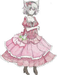 Rule 34 | 1girl, animal ears, bad id, bad pixiv id, boots, breasts, cleavage, collar, collarbone, colored pencil (medium), dress, graphite (medium), hair ornament, hairband, highres, inubashiri momiji, large breasts, looking at viewer, red eyes, short hair, silver hair, solo, tk31, tk31elpis, touhou, traditional media, wolf ears