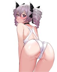Rule 34 | 1girl, ass, back, back cutout, bare shoulders, bent over, black choker, bow, bronya zaychik, cameltoe, chinese commentary, choker, clothing cutout, commentary request, cowboy shot, drill hair, from behind, gree4, grey eyes, grey hair, hair between eyes, hair bow, honkai (series), honkai impact 3rd, long hair, looking at viewer, looking back, one-piece swimsuit, parted lips, simple background, skindentation, solo, swimsuit, thighs, twin drills, twintails, white background, white one-piece swimsuit