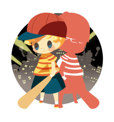 Rule 34 | 2boys, absurdres, baseball bat, blonde hair, blue shorts, blush stickers, borrowed clothes, city, closed mouth, expressionless, full body, highres, hitofutarai, holding, holding baseball bat, lucas (mother 3), male focus, mother (game), mother 3, multiple boys, ness (mother 2), nintendo, orange footwear, porky minch, searchlight, shirt, short hair, shorts, socks, striped clothes, striped shirt, white socks