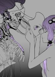 Rule 34 | 1girl, android, cable, closed eyes, commentary, detached face, eye socket, grey background, hair ornament, hair tubes, hands on another&#039;s face, hands up, highres, holding, long hair, looking at another, monochrome, nude, purple eyes, purple hair, ribs, sidelocks, spot color, teeth, toriatamastudio, vocaloid, voiceroid, yuzuki yukari