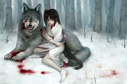 Rule 34 | &gt;:(, 1girl, angry, animal ears, bad id, bad pixiv id, black eyes, black hair, blood, chm, claws, fangs, forest, frown, japanese clothes, kimono, long hair, missing eye, nature, no shoes, obi, original, pale skin, revision, sash, scar, side ponytail, snow, socks, sword, tabi, tail, teeth, tree, v-shaped eyebrows, very long hair, wakizashi, weapon, wolf, wolf ears, wolf tail, yellow eyes