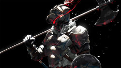 Rule 34 | 10s, 1boy, armor, axe, battle axe, black background, chainmail, glowing, glowing eyes, goblin slayer, goblin slayer!, helmet, highres, knight, kuroi enpitsu, male focus, red eyes, simple background, solo, weapon