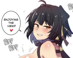Rule 34 | 1girl, antenna hair, bare shoulders, black hair, blush, commentary, english commentary, female rover (wuthering waves), grin, heart, highres, hinghoi, long hair, looking at viewer, portrait, rover (wuthering waves), simple background, smile, solo, speech bubble, white background, wuthering waves, yellow eyes