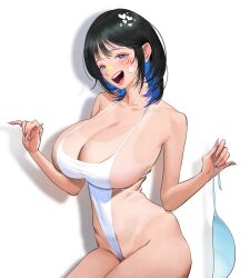 Rule 34 | 1girl, absurdres, bandaid, bandaid on face, bandaid on nose, black hair, blue eyes, blue hair, breasts, colored inner hair, highleg, highleg swimsuit, highres, huge breasts, medium hair, multicolored hair, nail polish, one-piece swimsuit, open mouth, original, sitting, slingshot swimsuit, solo, sticker on face, swimsuit, tan, tanline, white background, wonbin lee