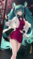 Rule 34 | 1girl, absurdres, aqua eyes, aqua hair, asahi kuroi, bare legs, branch, cardigan, china dress, chinese clothes, dress, fang, feet out of frame, flower, hair rings, hatsune miku, highres, holding, holding branch, long hair, long sleeves, looking at viewer, open mouth, plum blossoms, purple dress, signature, solo, tassel, thighs, twintails, very long hair, vocaloid, white cardigan