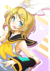 Rule 34 | 1girl, akino coto, bare shoulders, black collar, blonde hair, blouse, blue eyes, bow, collar, commentary, fang, hair bow, hair ornament, hairclip, headphones, heart, kagamine rin, looking at viewer, nail polish, neckerchief, number tattoo, sailor collar, school uniform, shadow, shirt, short hair, shoulder tattoo, skin fang, sleeveless, sleeveless shirt, smile, solo, swept bangs, symbol-only commentary, tattoo, upper body, vocaloid, white bow, white shirt, yellow nails, yellow neckerchief