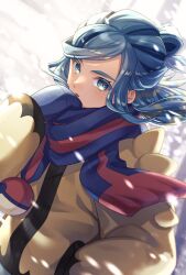 Rule 34 | 1boy, blue eyes, blue hair, blue mittens, blurry, blush, commentary request, creatures (company), floating hair, game freak, grusha (pokemon), hand up, highres, jacket, long hair, long sleeves, male focus, mittens, nintendo, outdoors, pokemon, pokemon sv, scarf, signature, snowing, solo, striped clothes, striped scarf, upper body, wakame1441, yellow jacket