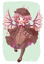 Rule 34 | 1girl, arinu, artist name, bird wings, black footwear, black pantyhose, blush, bow, brown dress, brown hat, commentary request, dress, full body, grey background, hat, head tilt, highres, leg up, long sleeves, looking at viewer, mystia lorelei, open mouth, pantyhose, pink eyes, pink hair, purple bow, shoes, short dress, smile, solo, standing, standing on one leg, touhou, wings