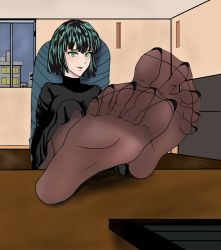 Rule 34 | 1girl, chair, feet, fubuki (one-punch man), green eyes, green hair, highres, looking at viewer, medium hair, nail polish, one-punch man, pantyhose, pov, sitting, smile, soles, solo, table, toes