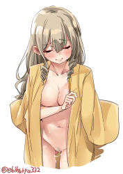Rule 34 | 1girl, blush, breasts, cleavage, closed eyes, closed mouth, collarbone, cum, cum on body, cum on lower body, drill hair, ebifurya, female pubic hair, gluteal fold, hair down, hatakaze (kancolle), highres, japanese clothes, kantai collection, kimono, large breasts, light brown hair, long hair, meiji schoolgirl uniform, naked kimono, no bra, no panties, pubic hair, pussy, simple background, solo, standing, sweat, tears, twitter username, white background, yellow kimono