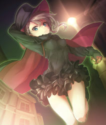 Rule 34 | 1girl, ange (princess principal), arm up, black cape, black dress, black footwear, black gloves, black hat, blue eyes, boots, breasts, brown hair, cape, cavorite ball, closed mouth, commentary request, dress, dutch angle, fur-trimmed sleeves, fur trim, gloves, hair between eyes, hand on headwear, hat, holding, konnyaku (kk-monmon), long sleeves, looking at viewer, multicolored cape, multicolored clothes, night, night sky, outdoors, princess principal, red cape, sky, small breasts, solo, v-shaped eyebrows