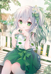 Rule 34 | 1girl, alternate costume, blush, braid, child, clothing cutout, commentary request, cross-shaped pupils, genshin impact, gradient hair, green eyes, green hair, green ribbon, green skirt, hair ornament, heart, heart hands, highres, leaf hair ornament, leaf print, long hair, multicolored hair, nahida (genshin impact), on bench, open mouth, outdoors, pointy ears, ribbon, shirogane hina, shirt, shoulder cutout, side braid, side ponytail, sitting, skirt, smile, solo, symbol-shaped pupils, white hair, white shirt