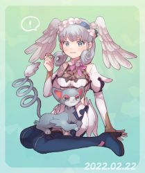 Rule 34 | 1girl, artist request, blue eyes, blush, braid, breasts, creatures (company), crown braid, curly hair, game freak, head wings, highres, juliet sleeves, long sleeves, looking at viewer, medium breasts, melia antiqua, nintendo, pokemon, pokemon (creature), pokemon legends: arceus, puffy sleeves, silver hair, simple background, smile, solo, thighhighs, wings, xenoblade chronicles: future connected, xenoblade chronicles (series), xenoblade chronicles 1