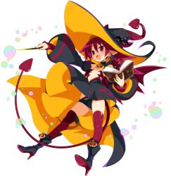 Rule 34 | 1girl, animal print, bat print, belt, black footwear, boots, demon girl, demon tail, demon wings, detached sleeves, disgaea, disgaea rpg, dress, earrings, etna (disgaea), fang, flat chest, full body, hat, high heels, highres, holding, holding wand, jewelry, long hair, long tail, magic, micro shorts, non-web source, official art, open mouth, photoshop (medium), pointy ears, red eyes, red hair, red thighhighs, red wings, revealing clothes, shorts, skull earrings, slit pupils, solo, tail, thighhighs, transparent background, wand, wings, witch hat