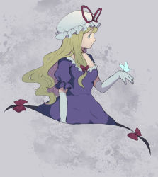 Rule 34 | 1girl, blonde hair, bow, breasts, bug, butterfly, butterfly on hand, cleavage, dress, elbow gloves, expressionless, from side, gap (touhou), gloves, hair bow, hat, hat ribbon, bug, long hair, mob cap, profile, purple dress, purple eyes, ribbon, short sleeves, shukinuko, solo, touhou, very long hair, white gloves, yakumo yukari