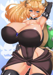 Rule 34 | 1girl, absurdres, arm behind head, armpits, black legwear, blonde hair, blue background, blue eyes, bowser, bowser logo, bowsette, breasts, cameltoe, cleavage, collar, elbow gloves, gem, gloves, hand on own hip, highres, horns, huge breasts, leotard, long hair, looking at viewer, mario (series), navel, new super mario bros. u deluxe, nintendo, patterned background, questzer, sharp teeth, shell, shiny skin, simple background, skin tight, smile, solo, spiked collar, spiked shell, spikes, standing, super crown, tail, teeth, thick eyebrows, thick thighs, thighs, wide hips