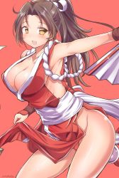 Rule 34 | 1girl, armpits, breasts, brown hair, cleavage, fatal fury, hand fan, highres, holding, holding fan, iwasaki masakazu, large breasts, looking at viewer, looking to the side, open mouth, ponytail, red background, shiranui mai, smile, solo, the king of fighters, yellow eyes