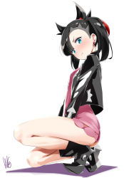 Rule 34 | 1girl, ass, asymmetrical bangs, asymmetrical hair, black jacket, blush, boots, closed mouth, commentary request, creatures (company), dress, game freak, high heel boots, high heels, highres, jacket, long hair, long sleeves, looking at viewer, looking to the side, marnie (pokemon), nintendo, pink dress, pokemon, pokemon swsh, short dress, silver trim, simple background, solo, squatting, toru k, undercut, white background