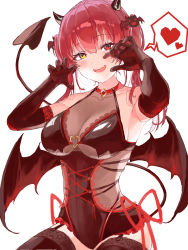 Rule 34 | 1girl, absurdres, armpits, bat hair ornament, bikini, bikini top only, black bikini, black gloves, black thighhighs, blush, breasts, choker, claw pose, cleavage, commentary, cowboy shot, cross-laced clothes, demon horns, demon tail, demon wings, elbow gloves, eyelashes, fang, garter straps, gem, gloves, hair between eyes, hair ornament, heart, heart o-ring, heart ring top, heterochromia, highres, hololive, horns, houshou marine, lace, lace-trimmed legwear, lace trim, lips, long hair, looking at viewer, medium breasts, naruse u, open mouth, red choker, red eyes, red gemstone, red ribbon, ribbon, see-through, see-through cleavage, simple background, skin fang, smile, solo, spoken heart, swimsuit, tail, thighhighs, twintails, underbust, virtual youtuber, white background, wings, yellow eyes