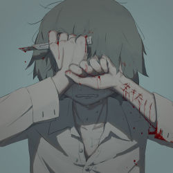 Rule 34 | absurdres, avogado6, bleeding, blood, blood on clothes, body writing, boxcutter, collared shirt, commentary request, covered eyes, crying, cuts, facing viewer, grey background, grey hair, guro, hands up, highres, holding, injury, long sleeves, original, self-harm, shirt, simple background, tears, upper body, white shirt, wing collar
