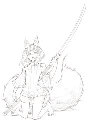 Rule 34 | 1girl, animal ear fluff, animal ears, bare legs, barefoot, bike shorts, fox ears, fox tail, greyscale, jaco, kitsune, kneeling, large tail, long hair, looking at viewer, monochrome, nagamaki, open mouth, original, polearm, skindentation, solo, sweater, tail, weapon