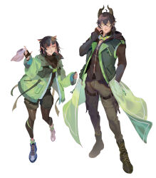 2boys black_hair black_pantyhose commentary_request dragon_boy dragon_horns fishee_(fisheem4mmal) full_body green_eyes green_jacket hand_in_pocket highres horns jacket lilia_vanrouge long_hair looking_at_viewer male_focus malleus_draconia multicolored_hair multiple_boys orange_eyes pantyhose short_hair shorts simple_background slit_pupils streaked_hair trap twisted_wonderland white_background