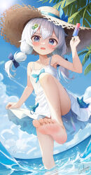 Rule 34 | 1girl, absurdres, aged down, arm up, bare arms, bare shoulders, barefoot, benghuai xueyuan, black bow, blue eyes, blue sky, blush, bow, breasts, brown hat, child, chinese commentary, cloud, collarbone, commentary, commentary request, corderoy, day, dress, feet, food, foot focus, foreshortening, grey hair, hair between eyes, hair bow, hair ornament, hat, highres, holding, holding food, honkai (series), kiana kaslana, long hair, looking at viewer, ocean, open mouth, outdoors, popsicle, signature, sky, sleeveless, sleeveless dress, small breasts, soles, solo, standing, standing on one leg, straw hat, summer, sun, sundress, toes, twintails, water, wet, white dress, white hair