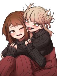 Rule 34 | 2girls, black sweater, blonde hair, blunt bangs, blush, boku no hero academia, brown eyes, brown hair, double bun, ear licking, fangs, feet out of frame, ginjaeru, hair bun, highres, holding another&#039;s arm, hug, knees up, licking, long hair, long skirt, long sleeves, matching outfits, messy hair, multiple girls, one eye closed, open mouth, pleated skirt, red skirt, ribbed sweater, simple background, sitting, skirt, sleeves past wrists, smile, sweater, toga himiko, tongue, tongue out, turtleneck, turtleneck sweater, uraraka ochako, white background, yellow eyes, yuri