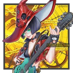 1girl absurdres ai_shou artist_name black_hair border breasts choker cleavage commentary commission electric_guitar english_commentary fingerless_gloves gloves green-tinted_eyewear guilty_gear guilty_gear_strive guitar hat highres holding holding_guitar holding_instrument i-no instrument mole mole_above_mouth red_hat red_leather solo tinted_eyewear venus_symbol white_border witch_hat