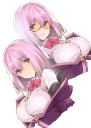 Rule 34 | 10s, 1girl, bow, breasts, collared shirt, commentary request, glasses, gridman universe, highres, jacket, large breasts, light purple hair, long sleeves, looking at viewer, off-shoulder jacket, off shoulder, purple jacket, red eyes, school uniform, shinjou akane, shirt, short hair, simple background, smile, solo, ssss.gridman, thomasz, white background, white shirt