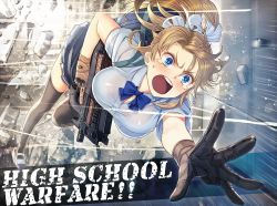 Rule 34 | 1girl, black thighhighs, blonde girl (itou), blonde hair, blue eyes, bra visible through clothes, breasts, brown gloves, bullpup, cleavage, dodging, emphasis lines, english text, gloves, gun, horizontal magazine, itou (onsoku tassha), jumping, large breasts, notebook, open mouth, original, p90, personal defense weapon, ponytail, reaching, reaching towards viewer, school uniform, see-through, shirt, short sleeves, solo, submachine gun, swat, sweatdrop, taut clothes, taut shirt, tears, thighhighs, translucent, trigger discipline, unbuttoned, weapon, wide-eyed