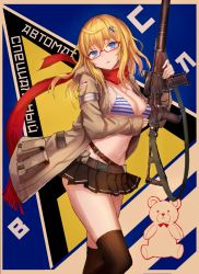 Rule 34 | 1girl, ahoge, as val, as val (girls&#039; frontline), assault rifle, automatic rifle, belt, bikini, blonde hair, blue eyes, breasts, brown coat, cleavage, coat, girls&#039; frontline, glasses, gun, hair ornament, hairclip, highres, holding, holding gun, holding weapon, integral suppressor, integrally-suppressed firearm, kalashnikov rifle, lithium10mg, long hair, long sleeves, looking at viewer, medium breasts, miniskirt, open clothes, open coat, open mouth, red scarf, rifle, scarf, short hair, sidelocks, skirt, solo, striped bikini, striped clothes, stuffed animal, stuffed toy, suppressor, swimsuit, teddy bear, thighhighs, toz (tulsky oruzheiny zavod), tsniitochmash, tula arms plant, weapon