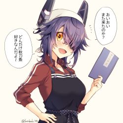 Rule 34 | 1girl, alternate costume, apron, artist name, bandana, blush, breasts, collarbone, collared shirt, eyepatch, fang, hand on own hip, highres, kantai collection, kotobuki (momoko factory), large breasts, long sleeves, looking at viewer, one eye covered, open mouth, purple hair, shirt, short hair, smile, solo, speech bubble, tenryuu (kancolle), translation request, twitter username, yellow eyes