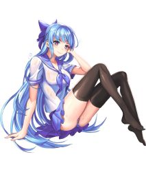 Rule 34 | 1girl, bad id, bad pixiv id, black thighhighs, blue eyes, blue hair, bow, breasts, collarbone, full body, hair bow, hc (razel1), heart, heart-shaped pupils, long hair, matching hair/eyes, medium breasts, no shoes, original, panties, pantyshot, pleated skirt, school uniform, serafuku, shirt, short sleeves, skirt, smile, solo, striped clothes, striped panties, symbol-shaped pupils, thighhighs, transparent background, underwear, very long hair, wet, wet clothes, white background