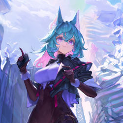 Rule 34 | 1girl, :|, animal ear fluff, animal ears, blue hair, bodystocking, breasts, cha neung, closed mouth, cloud, cloudy sky, colored inner hair, commentary, covered navel, cropped, english commentary, fantasy, hair between eyes, hand up, highres, holding, index finger raised, large breasts, looking up, medium hair, multicolored hair, original, pink hair, purple eyes, scrunchie, sky, solo, standing, sunlight, thighs, torn bodystocking, torn clothes, two-tone hair, wrist scrunchie