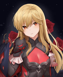 Rule 34 | 1girl, alternate costume, armor, black background, black cape, black gloves, blonde hair, boots, breasts, brown eyes, cape, cleavage cutout, clothing cutout, elbow gloves, fire emblem, fire emblem: genealogy of the holy war, fire emblem heroes, flower, gloves, gradient clothes, haru (nakajou-28), highres, holding, holding cape, holding clothes, lachesis (fire emblem), long hair, looking at viewer, medium breasts, nintendo, official alternate costume, red gloves, rose, shoulder armor, simple background, sky, smile, star (sky), starry sky, torn cape, torn clothes, weapon